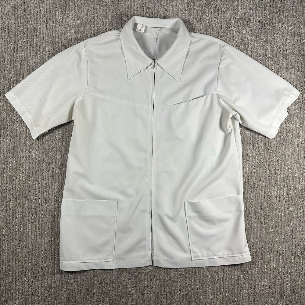 Vintage 60s-70s Full Zip Short Sleeve White Shirt Men's Sz 44‎ Talon Zip Pockets